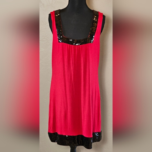 🎉Host Pick🎉 [EXPRES] Mini Red Dress ○● Black Sequin Neckline & Trim《L》 - Picture 1 of 16